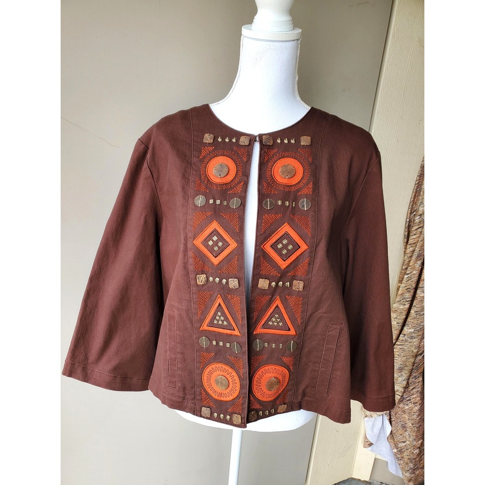 Lash Lane Jacket Womens 14 Brown Embroidered Retro Fold Boho Chic‎ Artsy Earthy